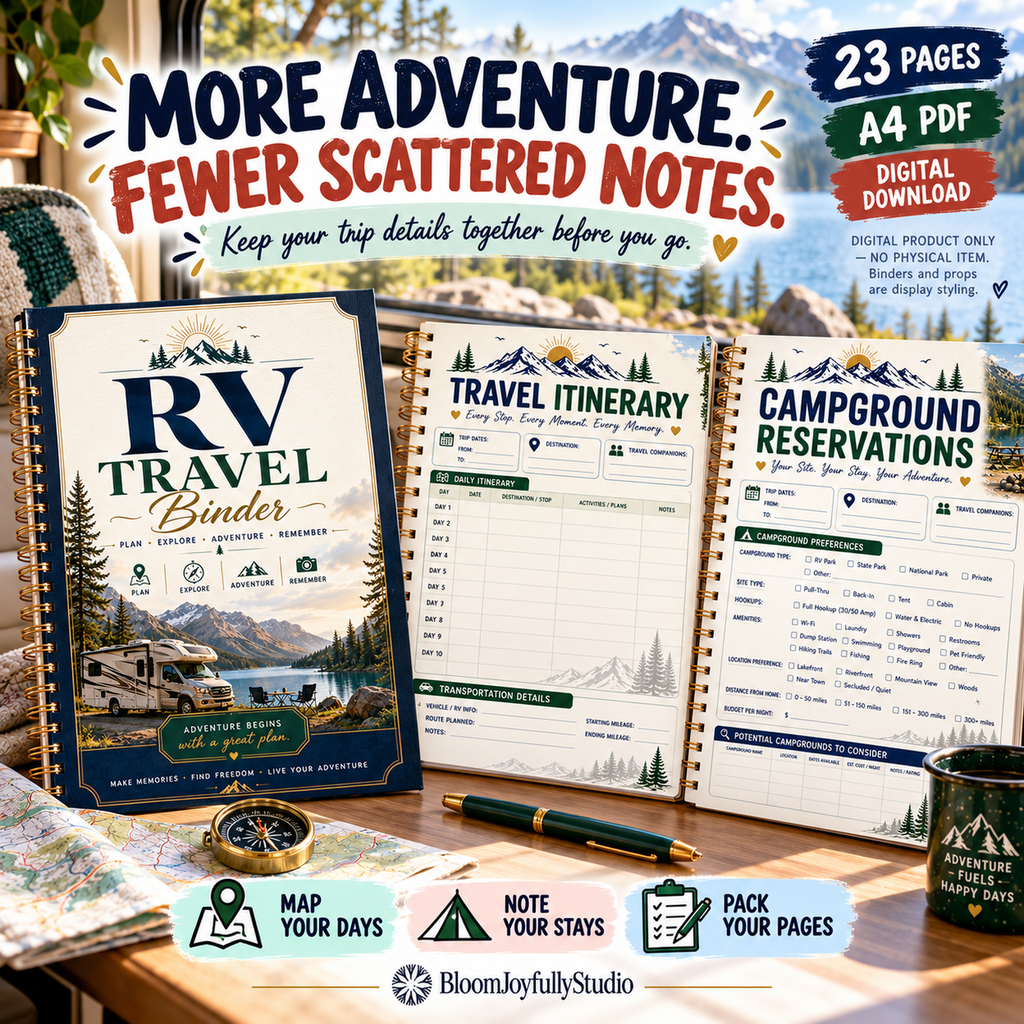 RV Travel Binder 23-page A4 printable PDF — RV trip planning lifestyle. Digital download; physical binder and props not included.
