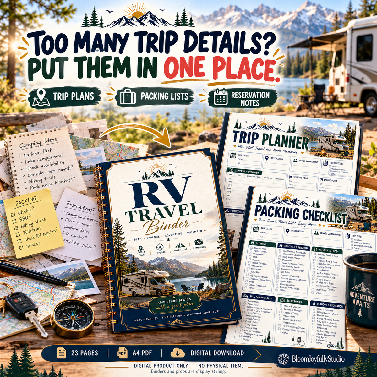 RV Travel Binder 23-page A4 printable PDF — trip and packing organization. Digital download; physical binder and props not included.