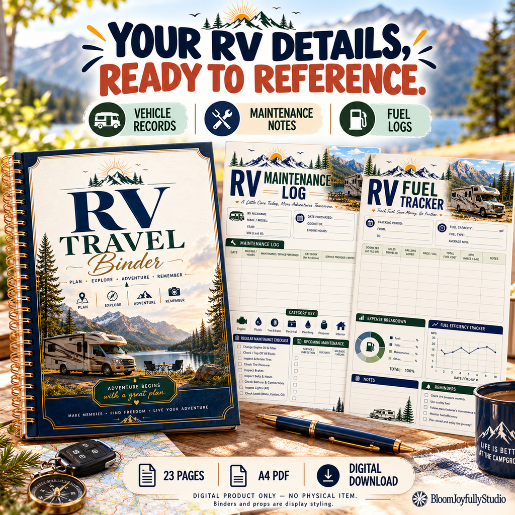 RV Travel Binder printable A4 PDF — vehicle records, maintenance notes and fuel logs. Physical binder and props are display styling only.