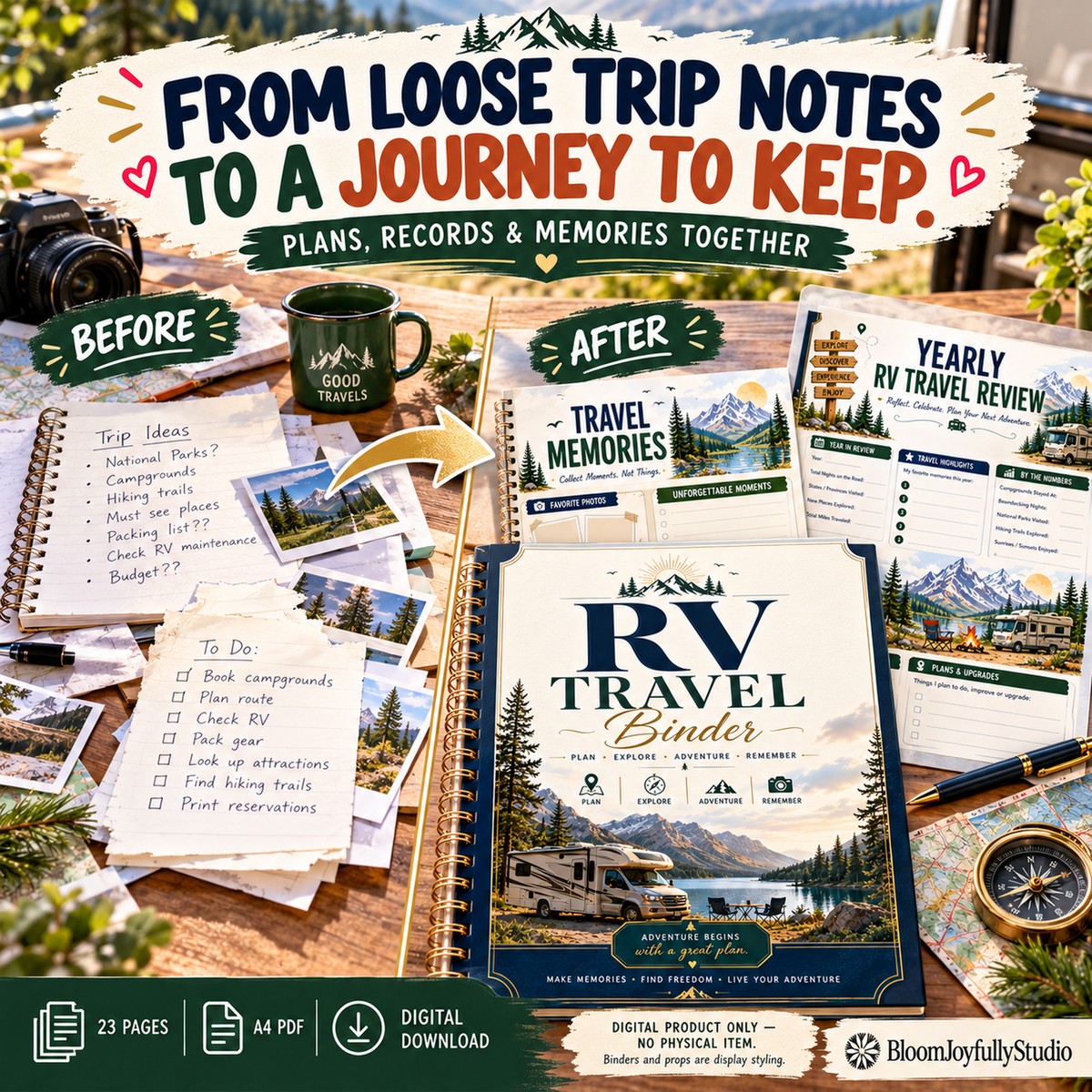 RV Travel Binder 23-page A4 printable PDF — organize plans, records and travel memories. Illustrative before and after, digital download only.