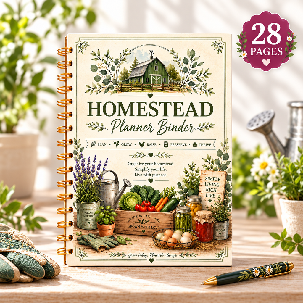 Homestead Planner Binder gold-bound cover mockup; 28-page digital printable