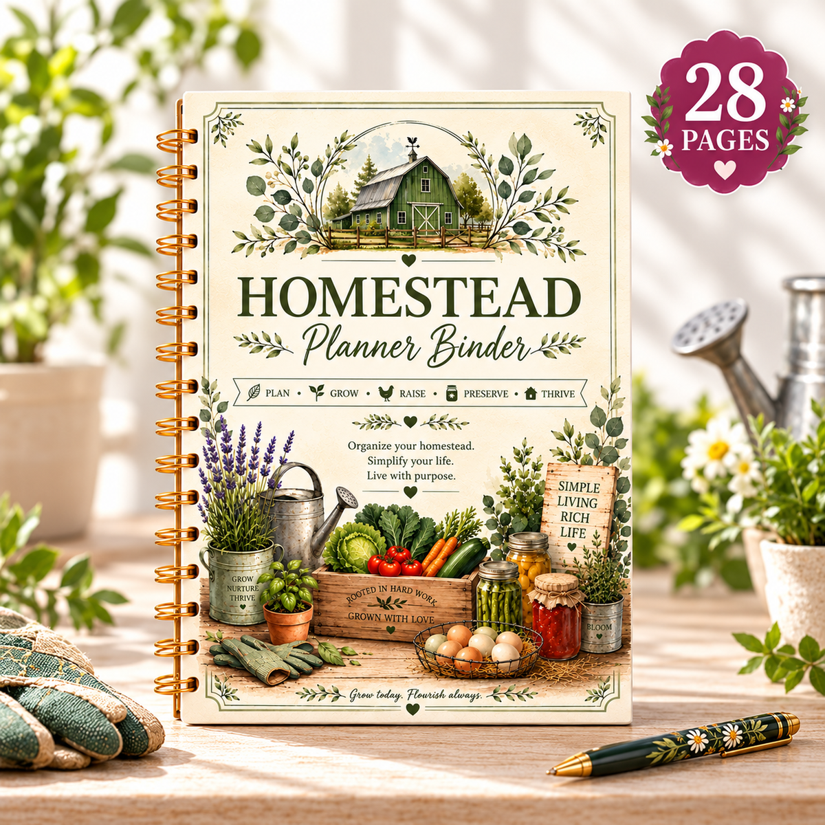 Homestead Planner Binder gold-bound cover mockup; 28-page digital printable
