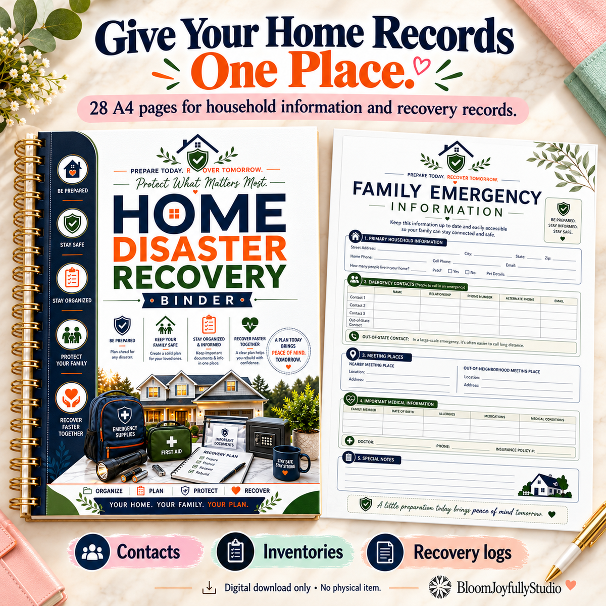 Home Disaster Recovery Binder — 01 promotional mockup; digital printable only