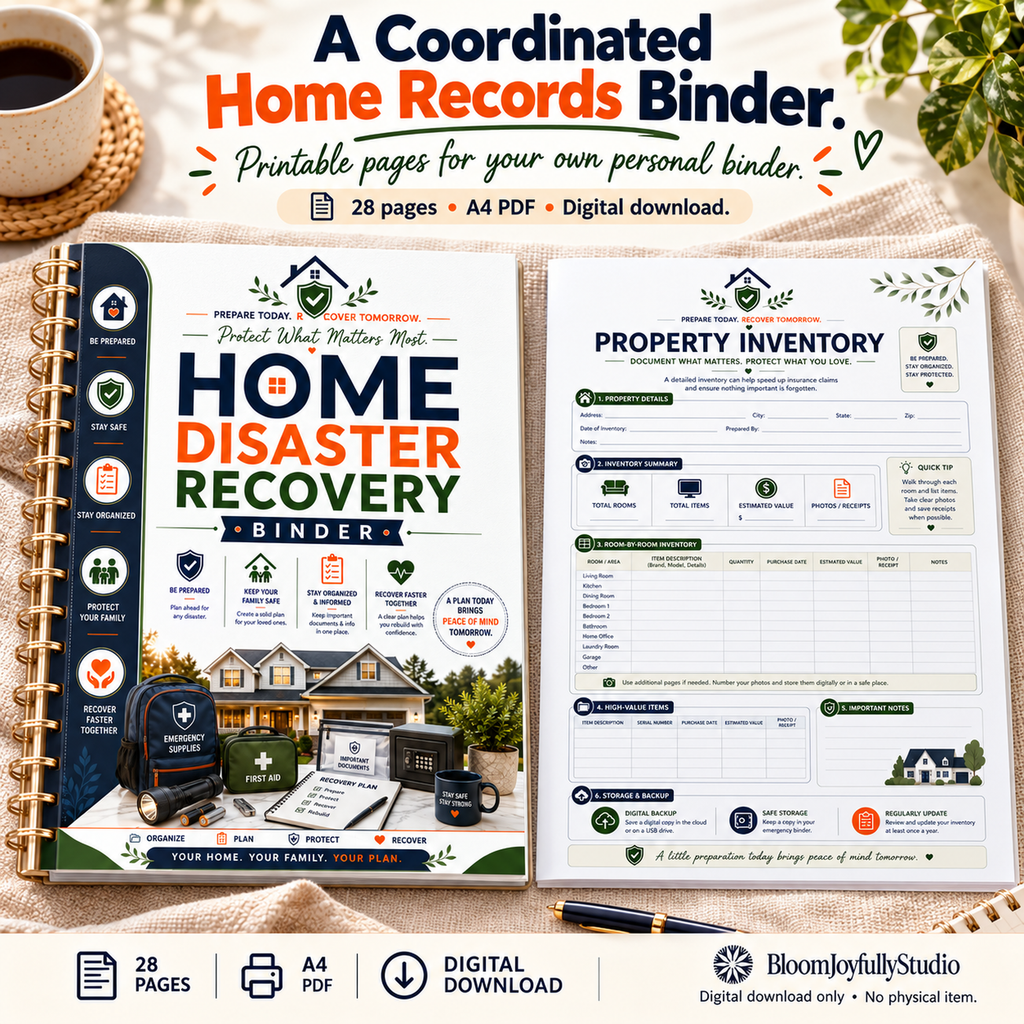 Home Disaster Recovery Binder — 18 promotional mockup; digital printable only