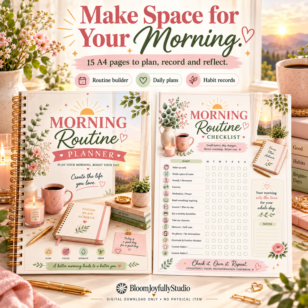 Morning Routine Planner — 01 mockup; 15-page A4 digital printable only