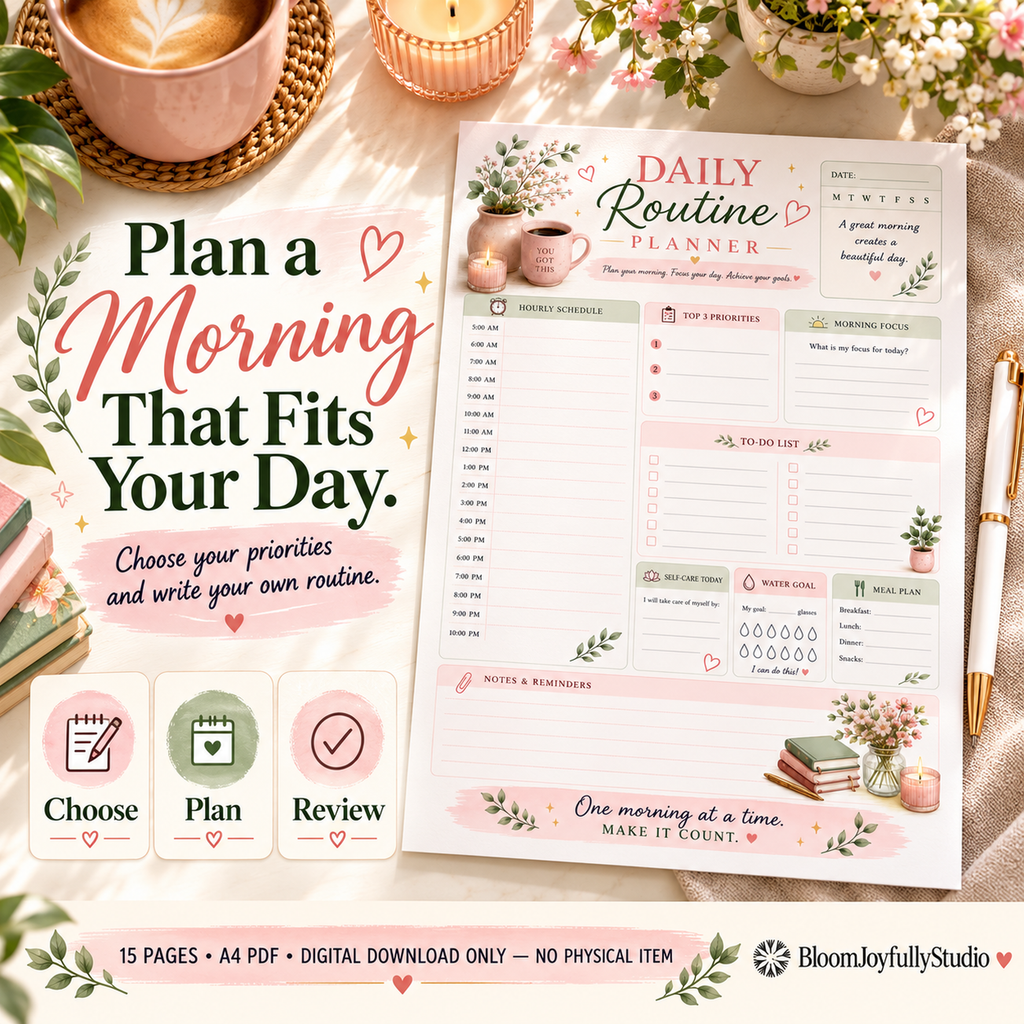 Morning Routine Planner — 02 mockup; 15-page A4 digital printable only