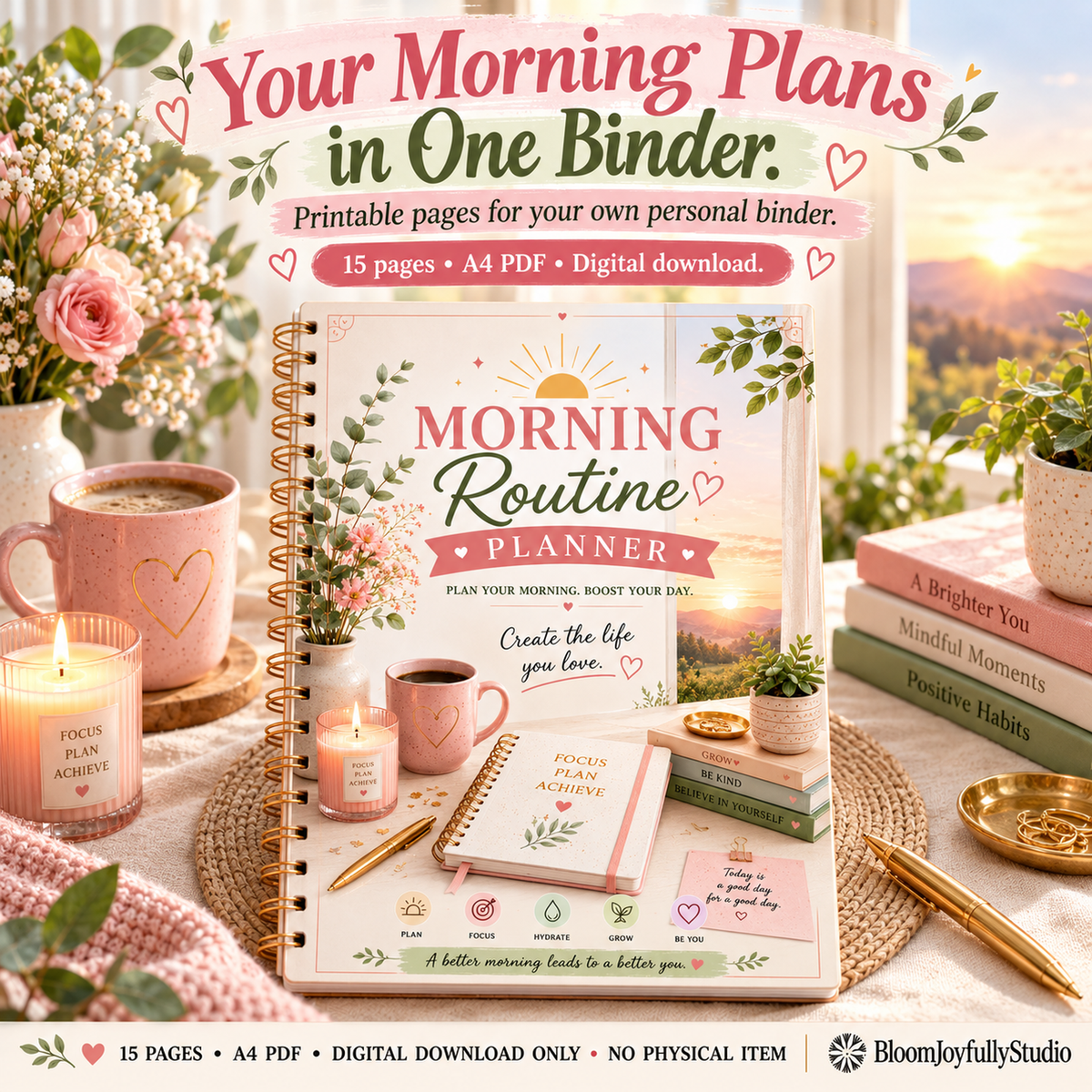 Morning Routine Planner — 18 mockup; 15-page A4 digital printable only