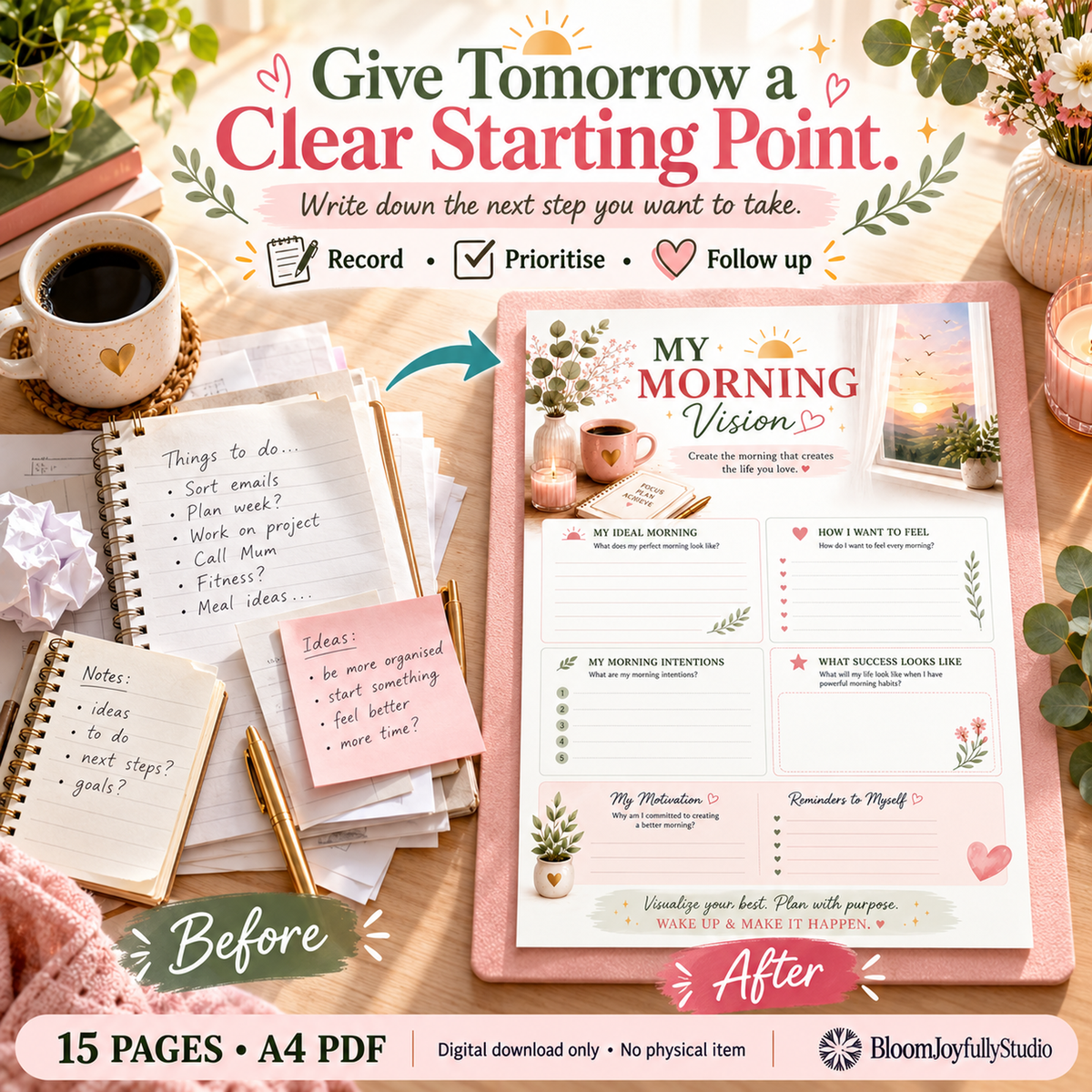 Morning Routine Planner — 21 mockup; 15-page A4 digital printable only