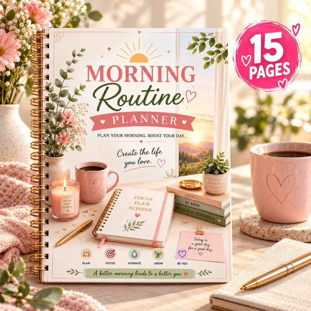 Morning Routine Planner — HERO mockup; 15-page A4 digital printable only