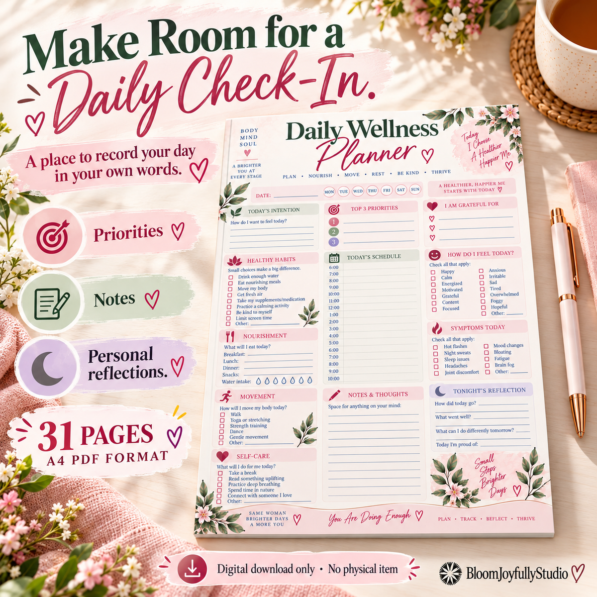 Menopause Wellness Planner — Lifestyle Hero; 31-page A4 printable PDF
