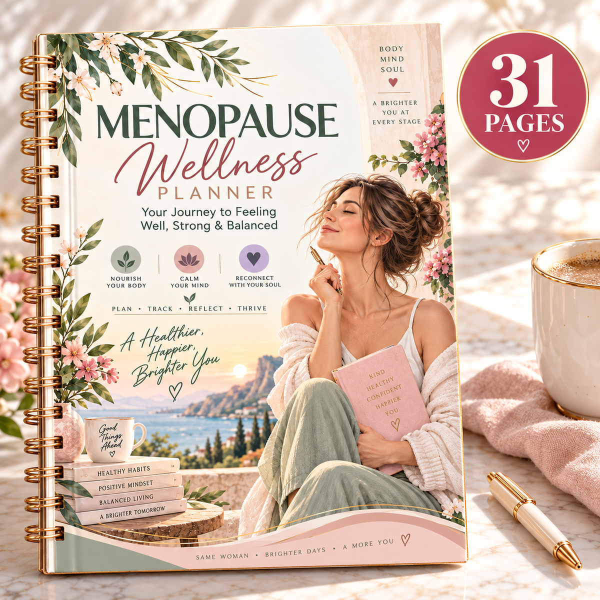 Menopause Wellness Planner original cover in a gold-bound display; 31-page digital PDF