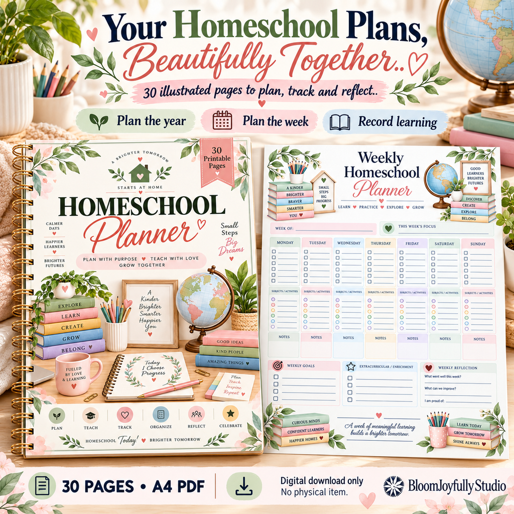 Homeschool Planner — Main Product Hero — 30-page A4 digital PDF; no physical item