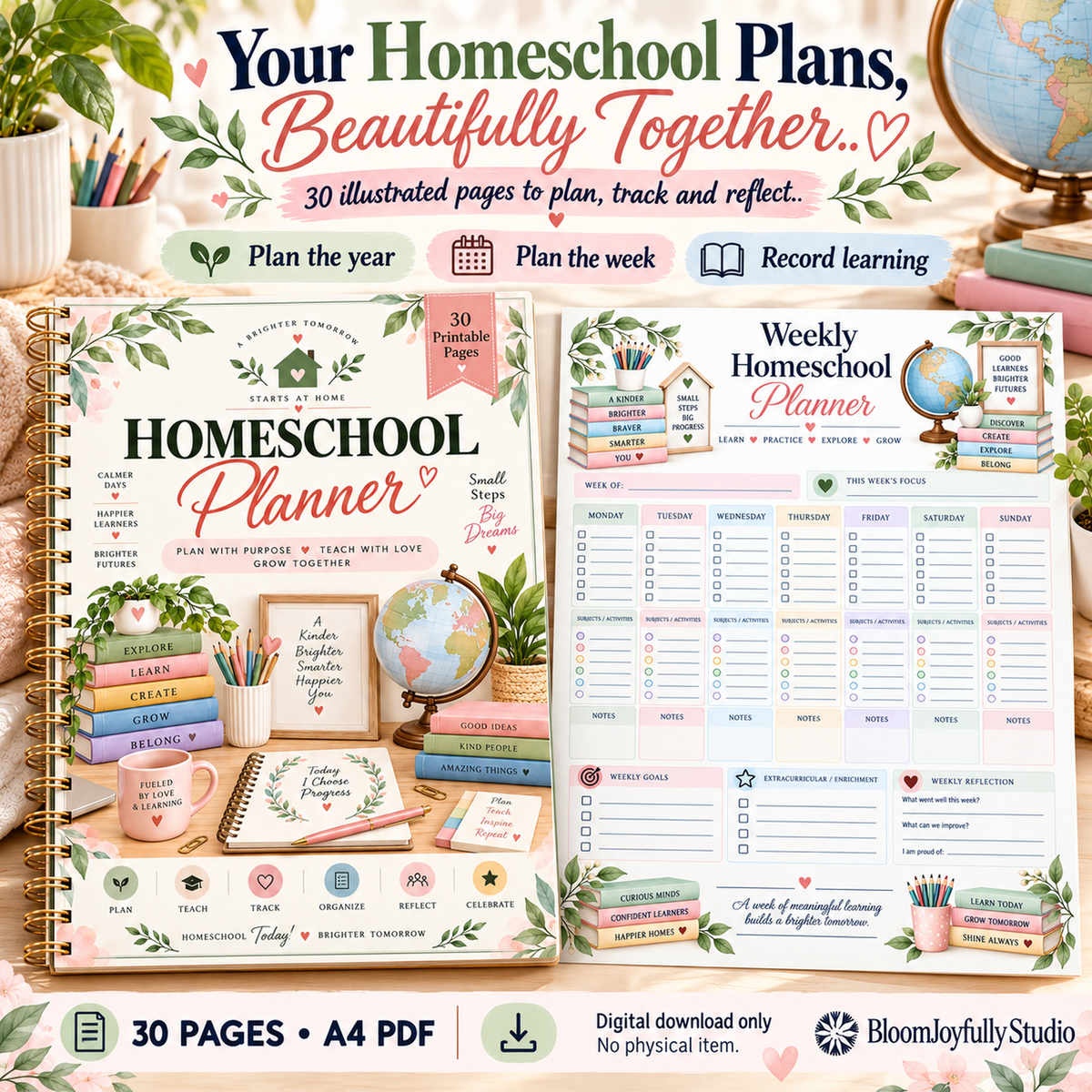 Homeschool Planner — Main Product Hero — 30-page A4 digital PDF; no physical item