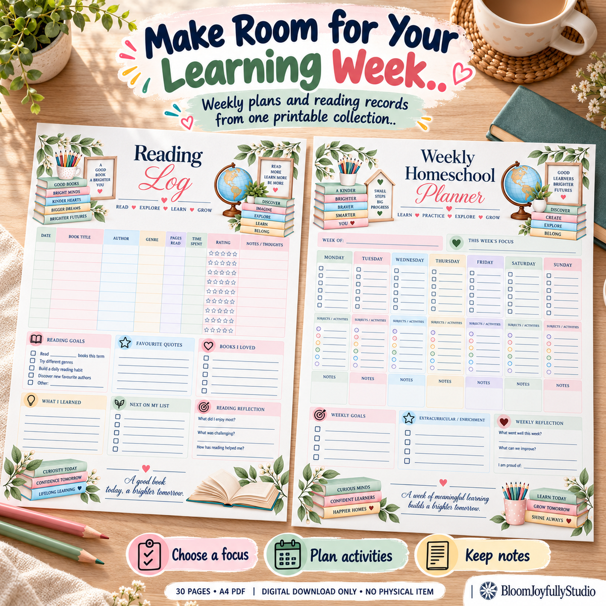 Homeschool Planner — Lifestyle Hero — 30-page A4 digital PDF; no physical item