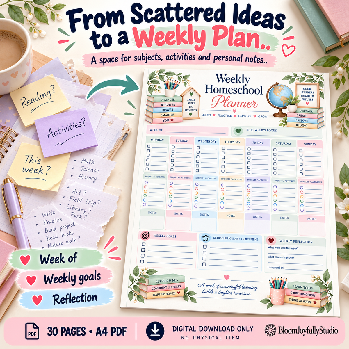 Homeschool Planner — Problem to Solution — 30-page A4 digital PDF; no physical item