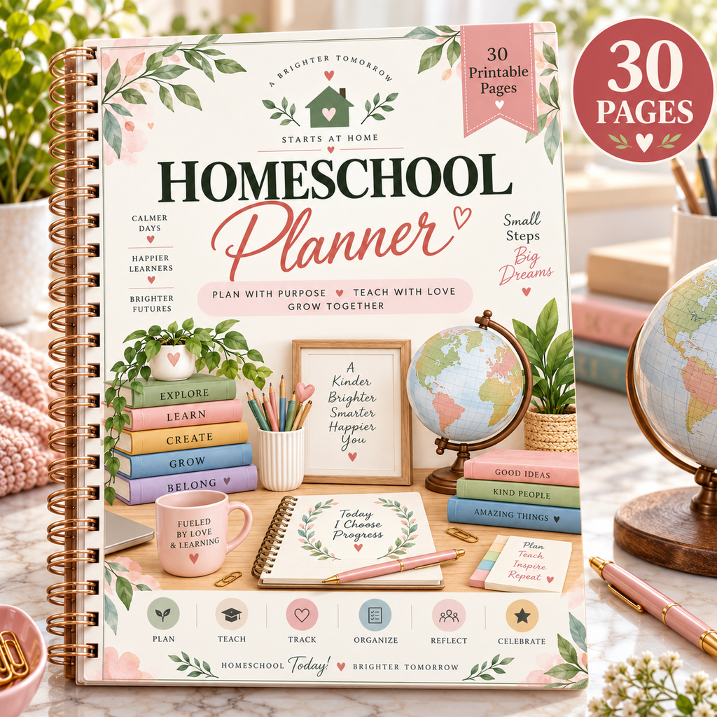 Homeschool Planner — separate cover hero — 30-page A4 digital PDF; no physical item