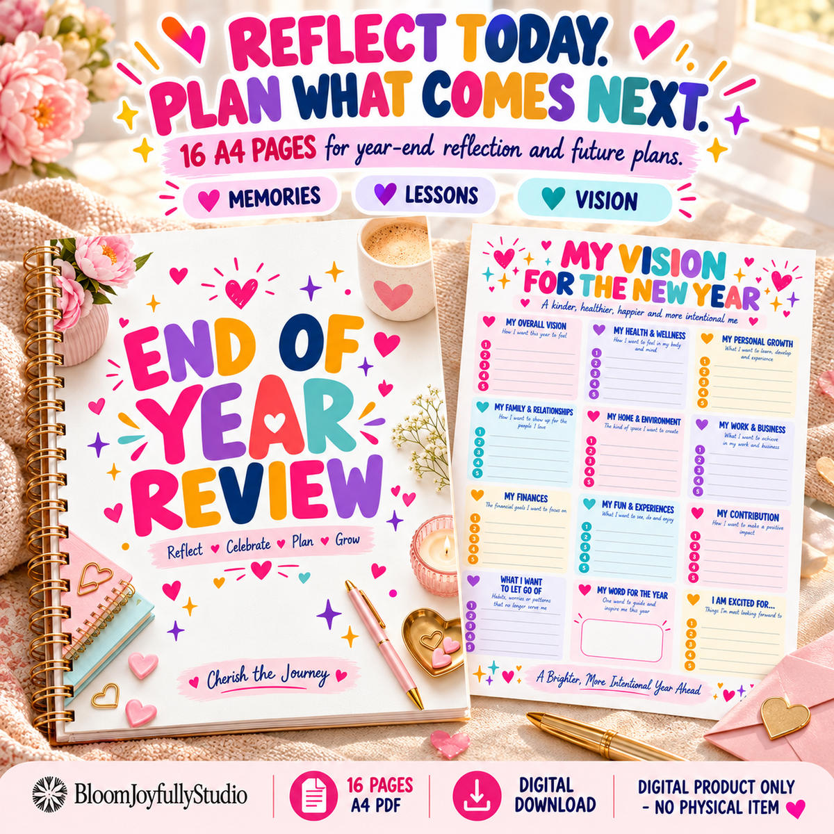 End of Year Review Bundle — 16-page A4 digital PDF, Premium Ring Binder Cover Feature