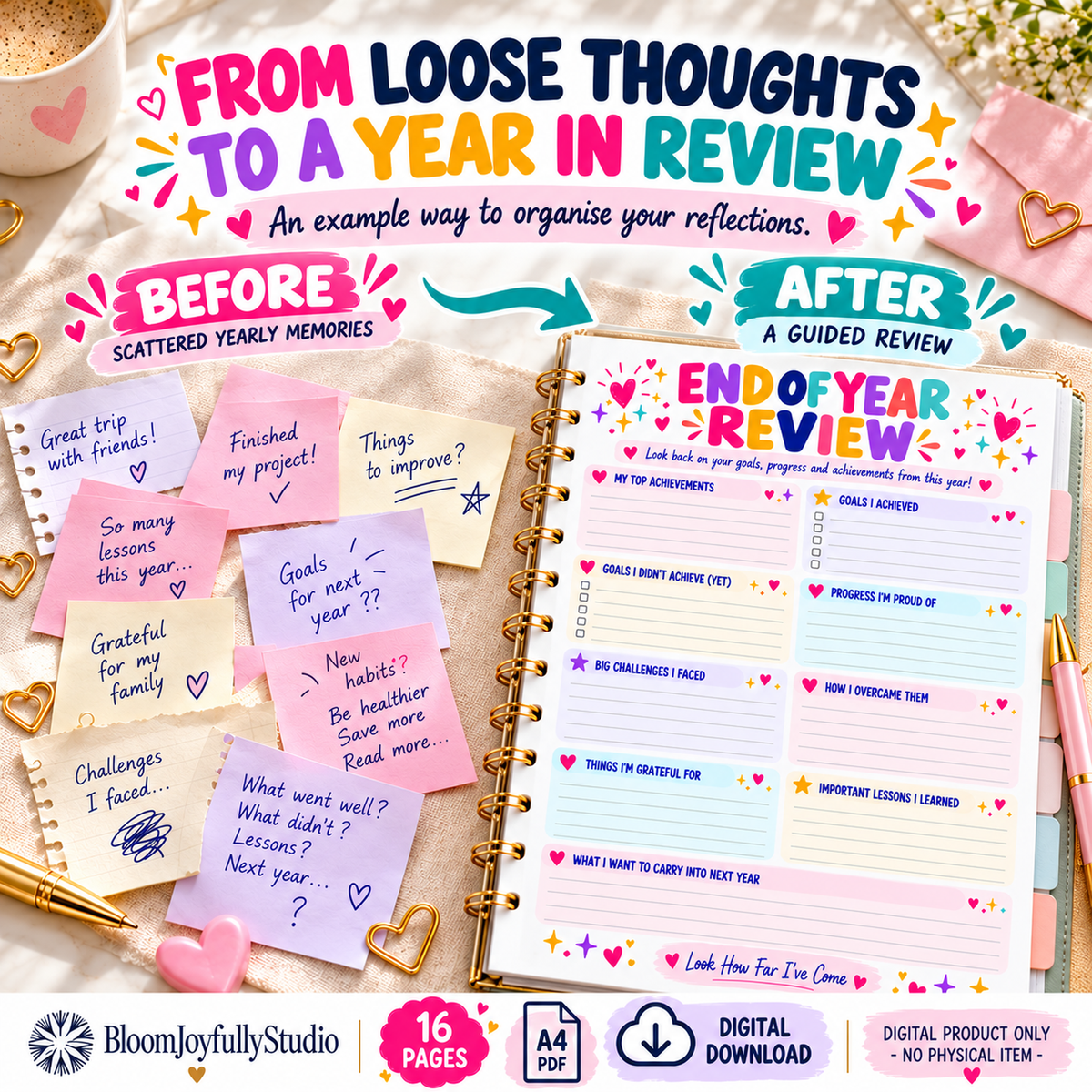 End of Year Review Bundle — 16-page A4 digital PDF, Before After Transformation Master