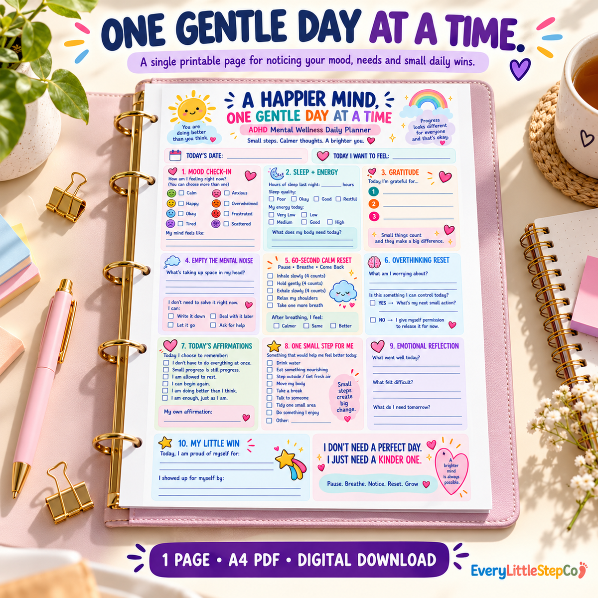 A Happier Mind one-page printable — Main Product Hero