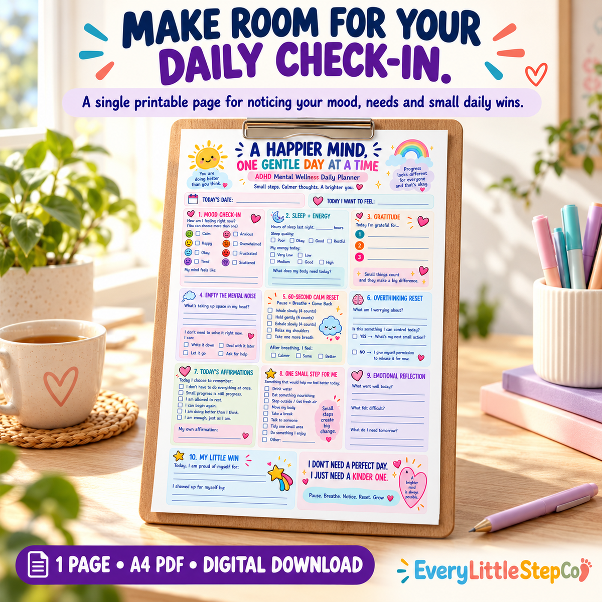 A Happier Mind one-page printable — Lifestyle Hero