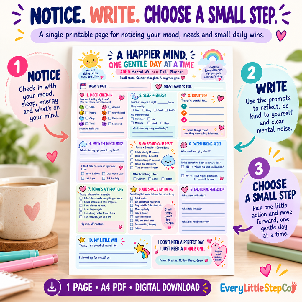 A Happier Mind one-page printable — How It Works