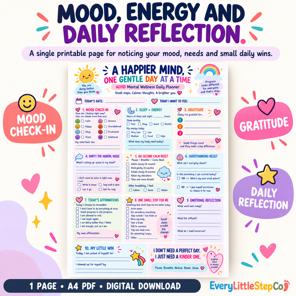 A Happier Mind one-page printable — Key Features