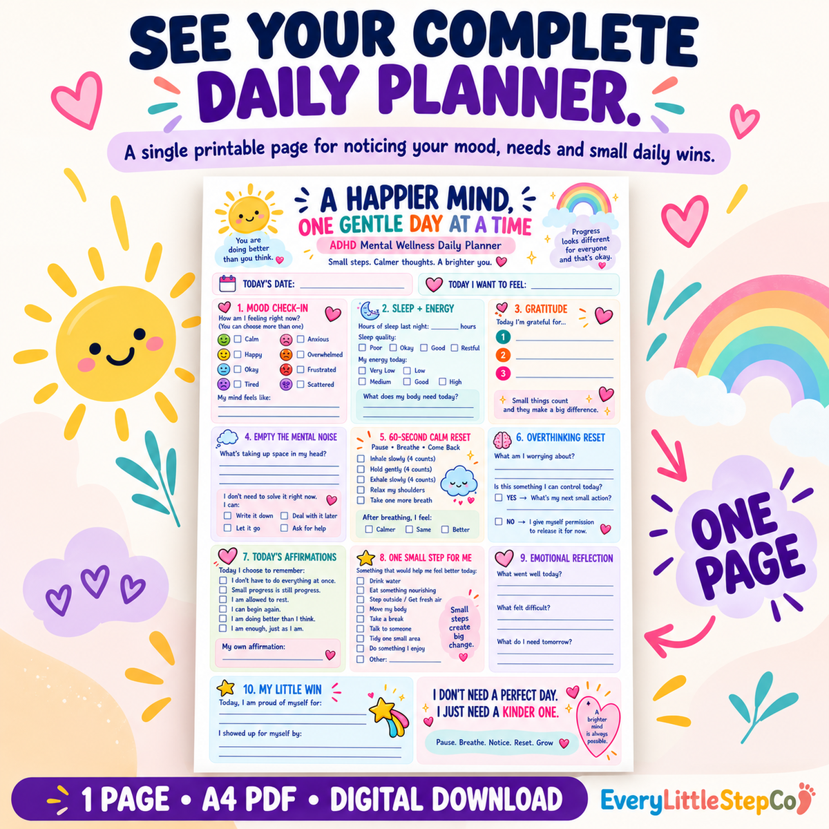 A Happier Mind one-page printable — All Pages Overview
