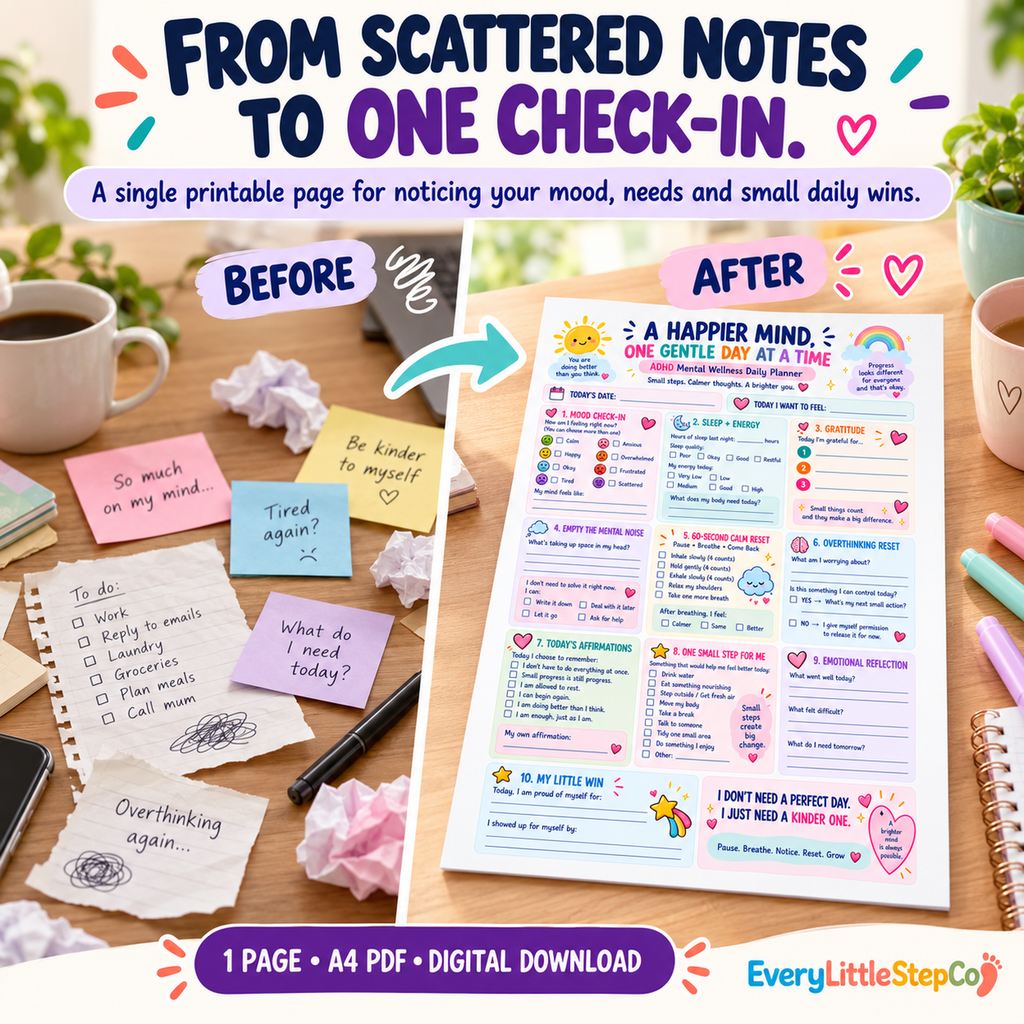 A Happier Mind one-page printable — Before and After Transformation