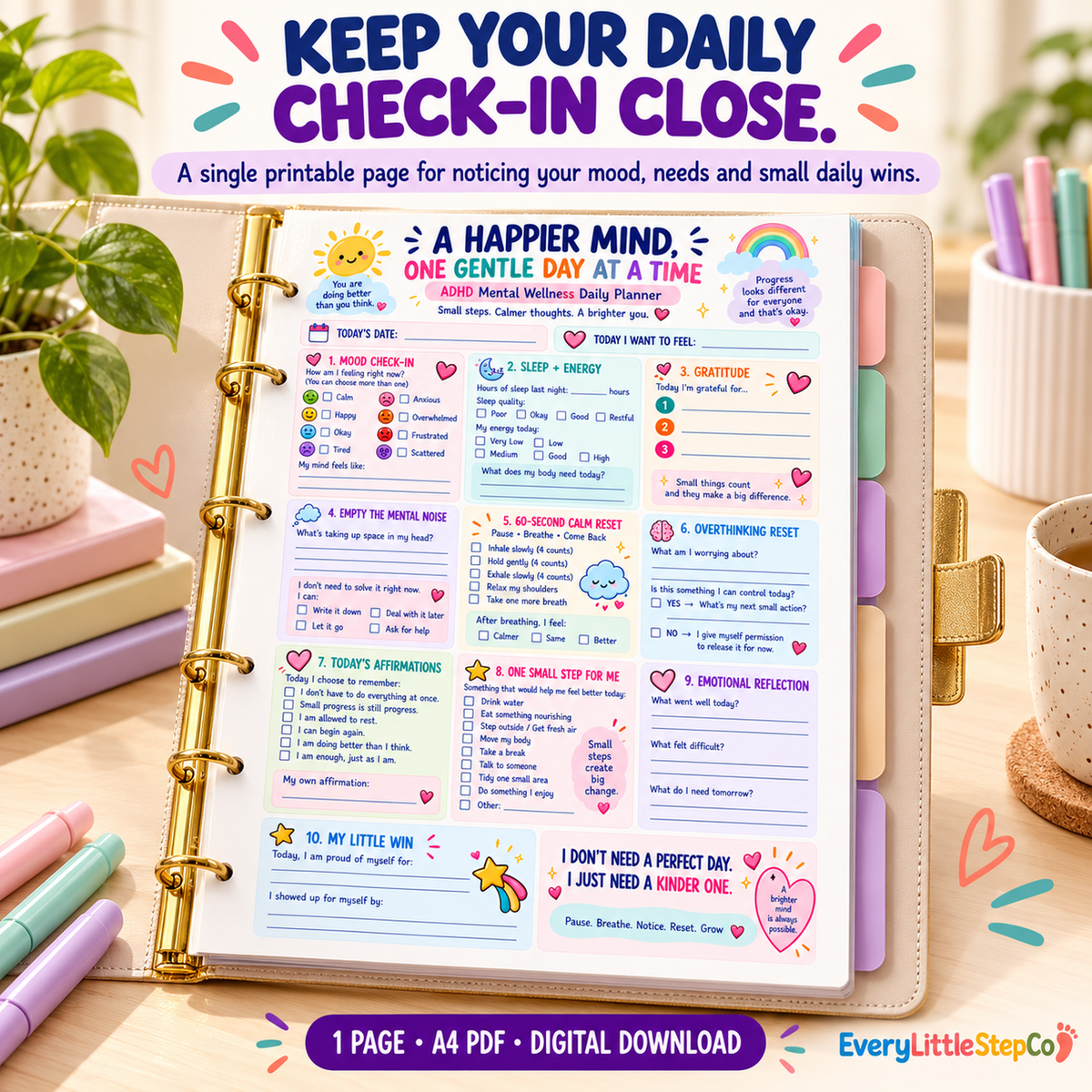 A Happier Mind one-page printable — Premium Ring Binder Cover Feature