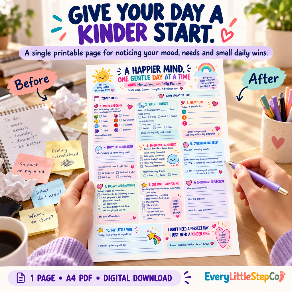 A Happier Mind one-page printable — Before After Transformation Master