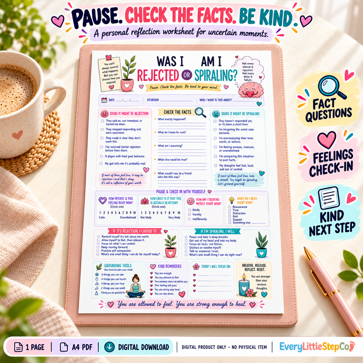 EveryLittleStepCo Was I Rejected or Am I Spiraling one-page A4 reflection worksheet – 01 – digital product, no physical item