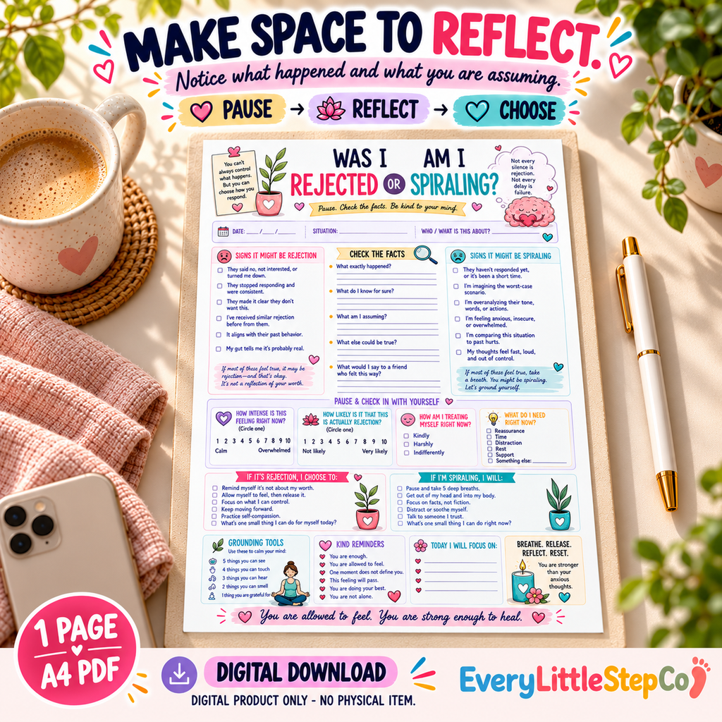 EveryLittleStepCo Was I Rejected or Am I Spiraling one-page A4 reflection worksheet – 02 – digital product, no physical item