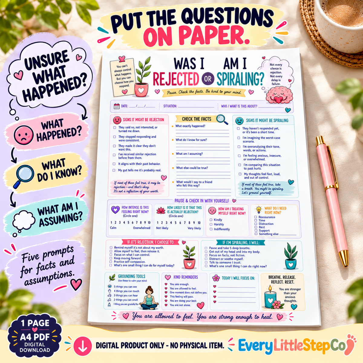 EveryLittleStepCo Was I Rejected or Am I Spiraling one-page A4 reflection worksheet – 08 – digital product, no physical item