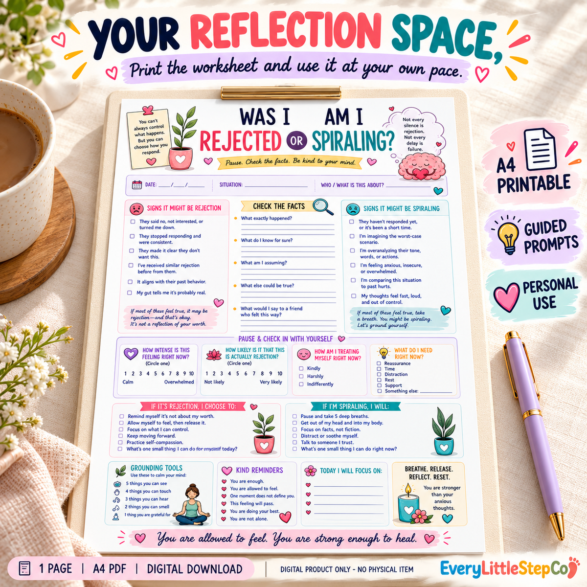 EveryLittleStepCo Was I Rejected or Am I Spiraling one-page A4 reflection worksheet – 18 – digital product, no physical item