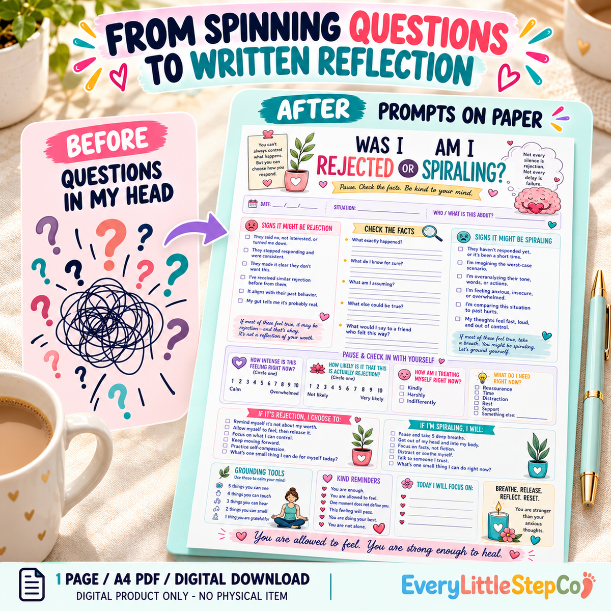 EveryLittleStepCo Was I Rejected or Am I Spiraling one-page A4 reflection worksheet – 21 – digital product, no physical item