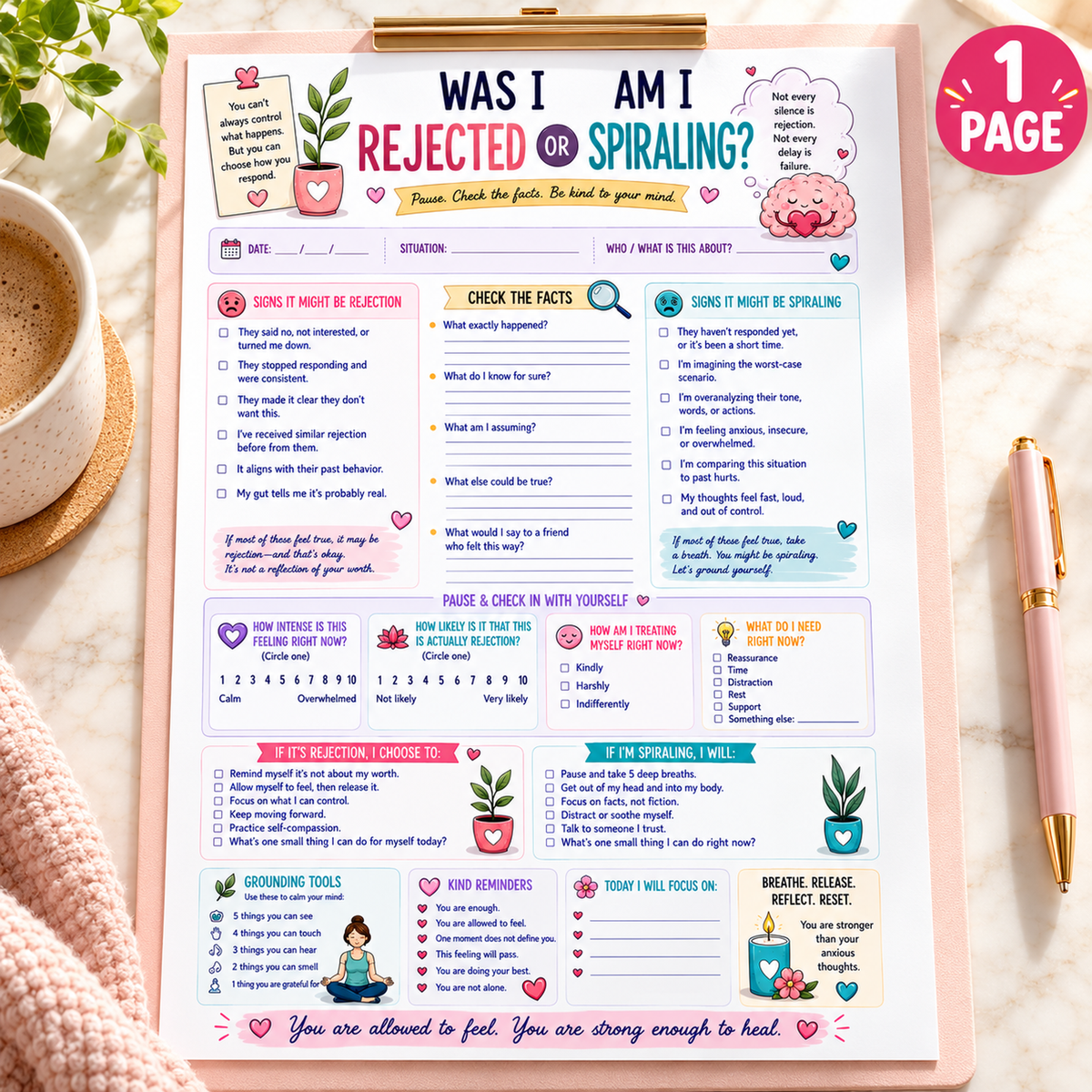 EveryLittleStepCo Was I Rejected or Am I Spiraling one-page A4 reflection worksheet – standalone hero – digital product, no physical item