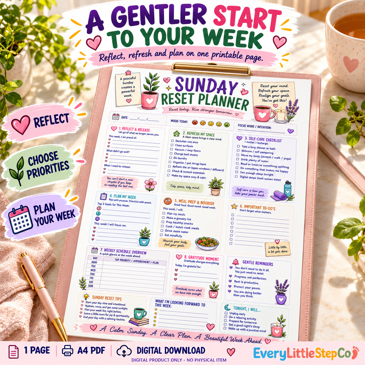 Sunday Reset Planner – one-page A4 printable, Main Product Hero