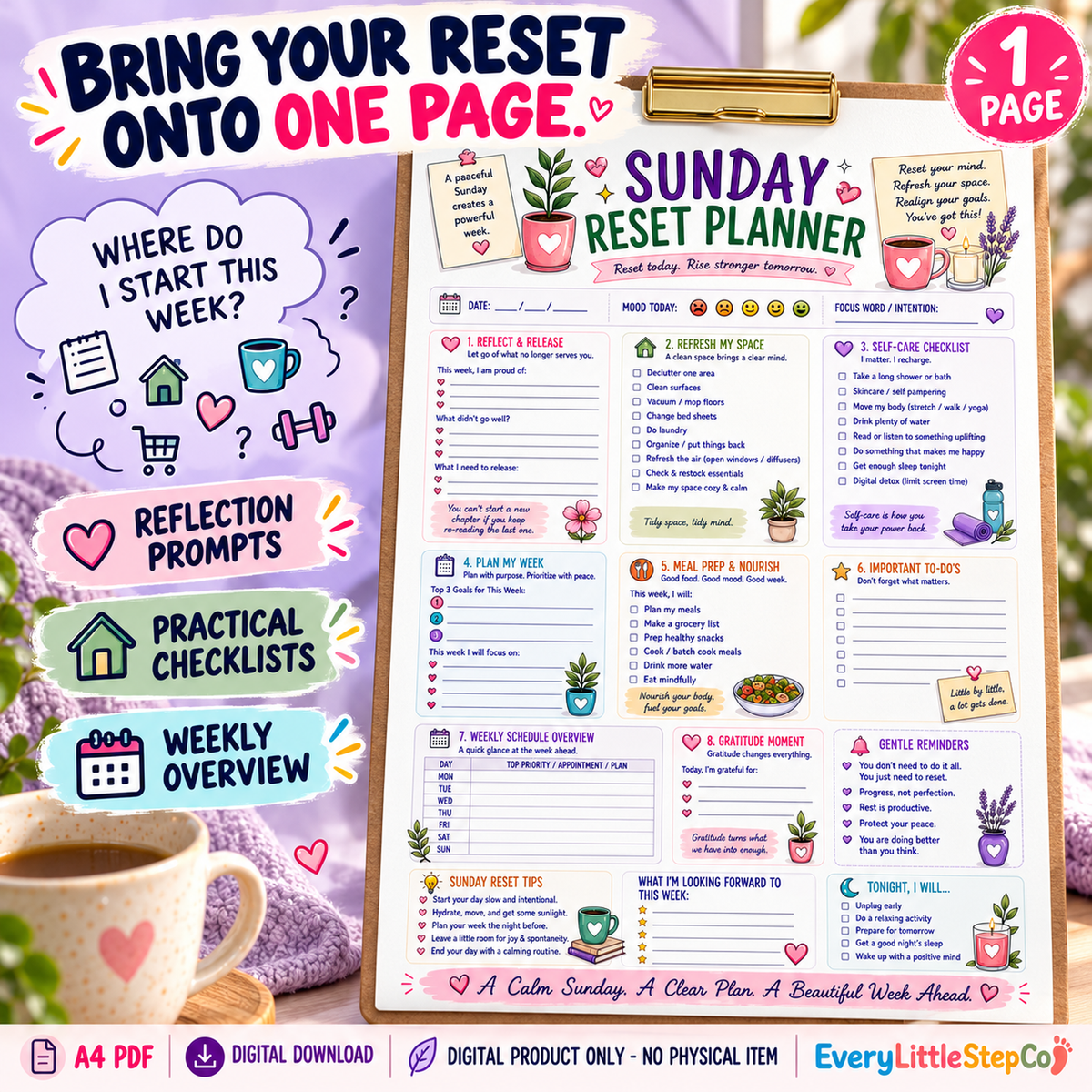 Sunday Reset Planner – one-page A4 printable, Problem to Solution