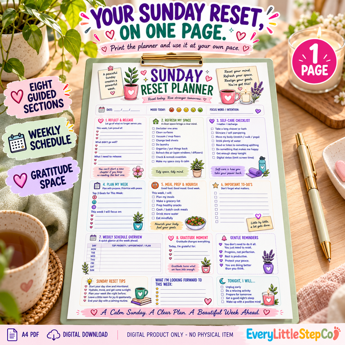 Sunday Reset Planner – one-page A4 printable, Premium Writing Pad Feature