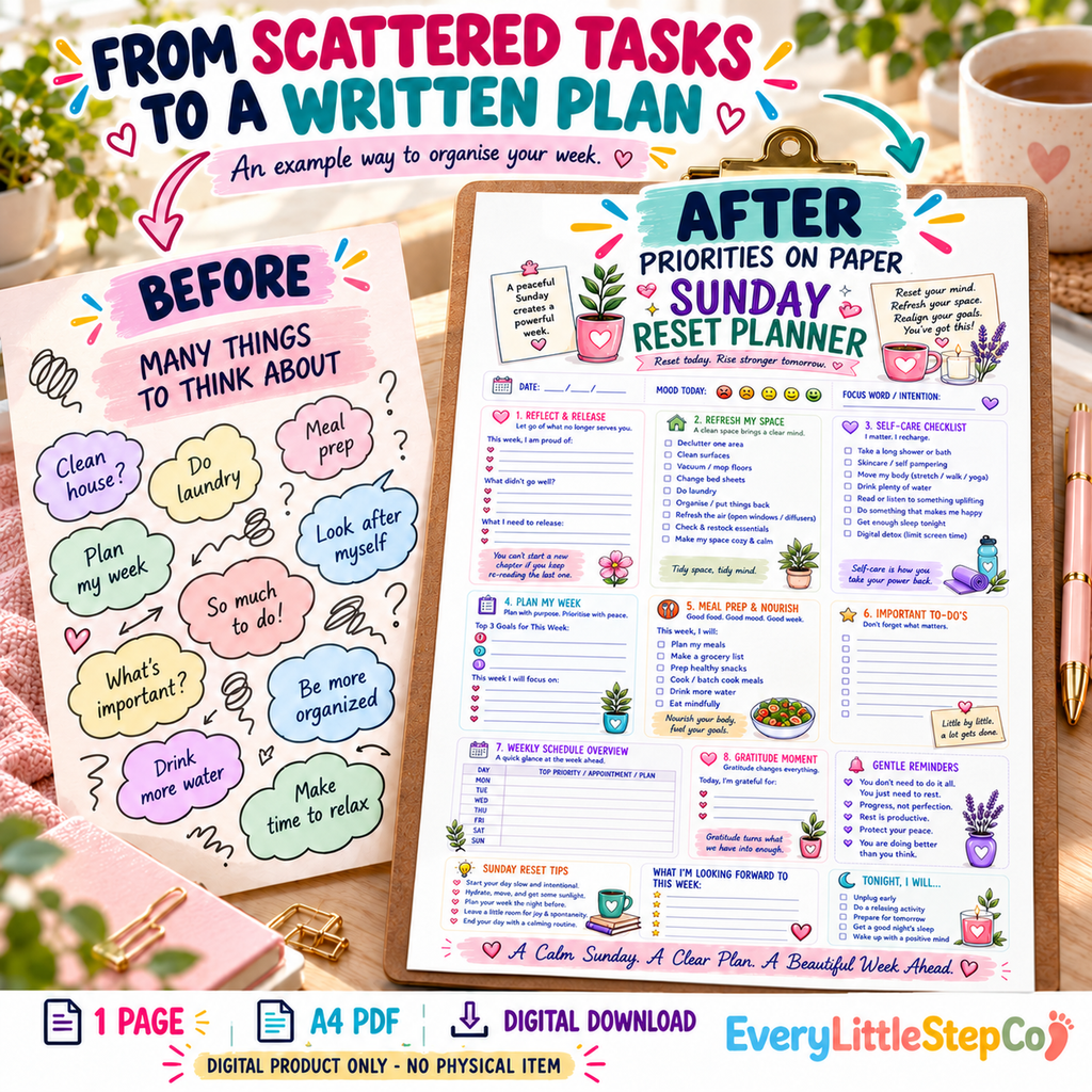 Sunday Reset Planner – one-page A4 printable, conceptual before and after planning example