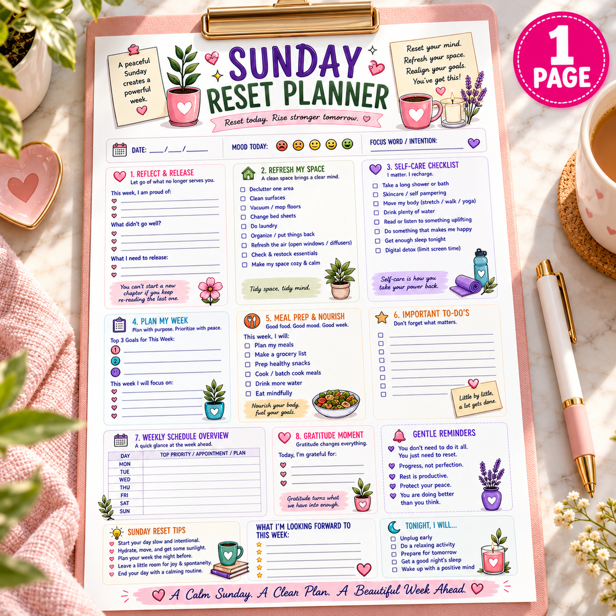 Sunday Reset Planner – one-page A4 printable, separate clipboard hero