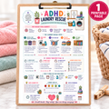 ADHD Laundry Rescue one-page A4 digital printable shown on a writing pad; display props not included