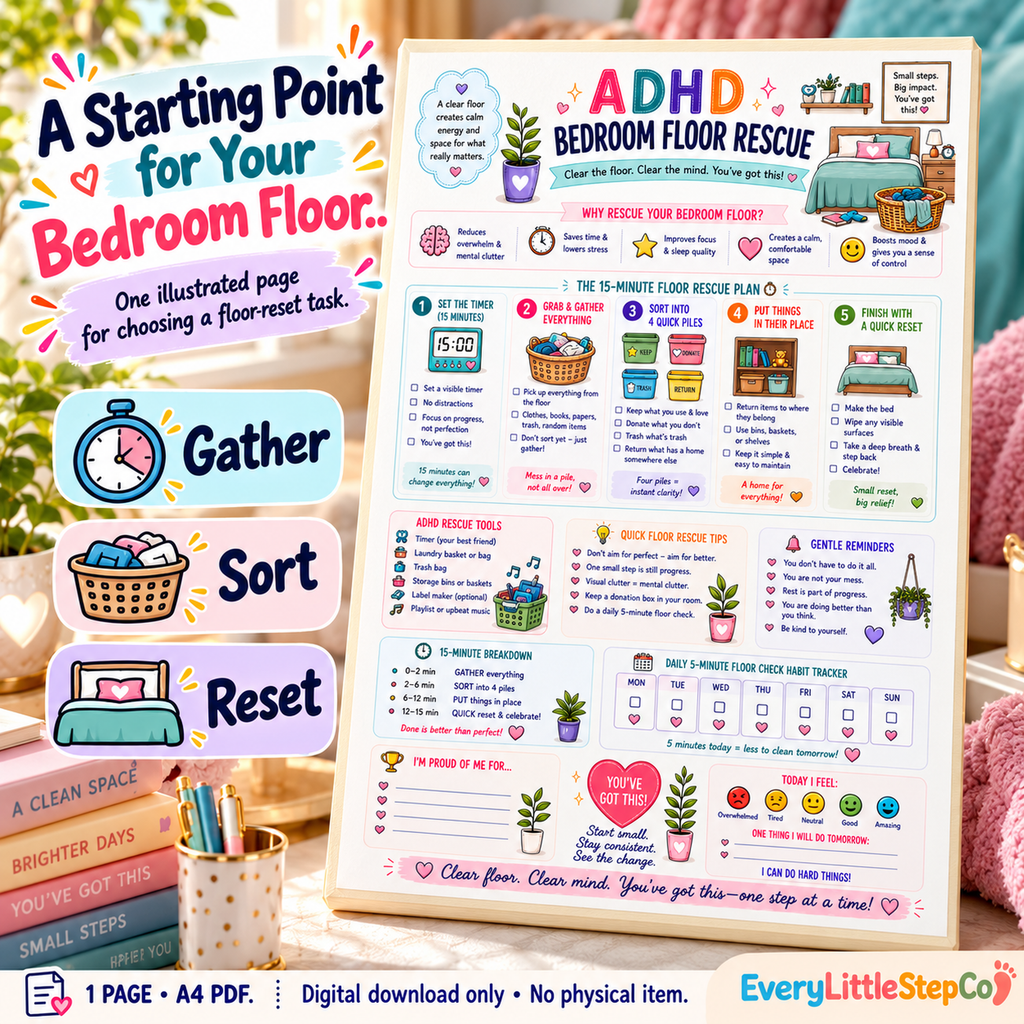 EveryLittleStepCo ADHD Bedroom Floor Rescue, one-page A4 printable; Main Product Hero. Digital download only; props excluded.