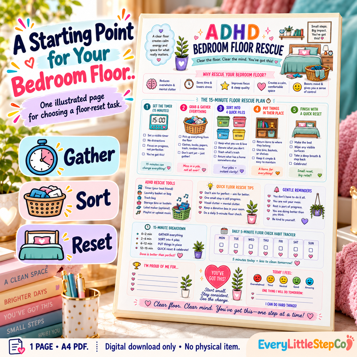 EveryLittleStepCo ADHD Bedroom Floor Rescue, one-page A4 printable; Main Product Hero. Digital download only; props excluded.
