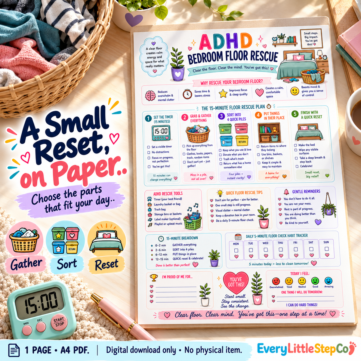 EveryLittleStepCo ADHD Bedroom Floor Rescue, one-page A4 printable; Lifestyle Hero. Digital download only; props excluded.