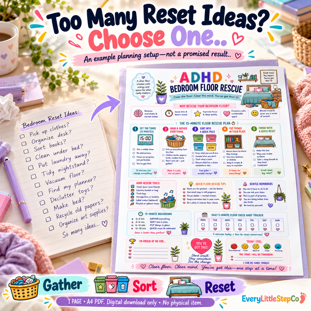 EveryLittleStepCo ADHD Bedroom Floor Rescue, one-page A4 printable; Problem to Solution. Digital download only; props excluded.