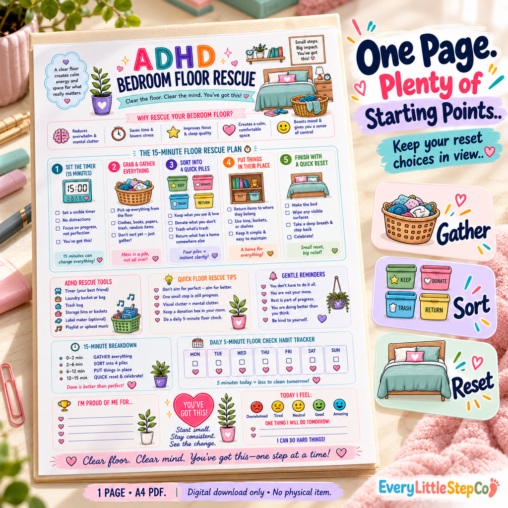 EveryLittleStepCo ADHD Bedroom Floor Rescue, one-page A4 printable; Premium Writing Pad Feature. Digital download only; props excluded.