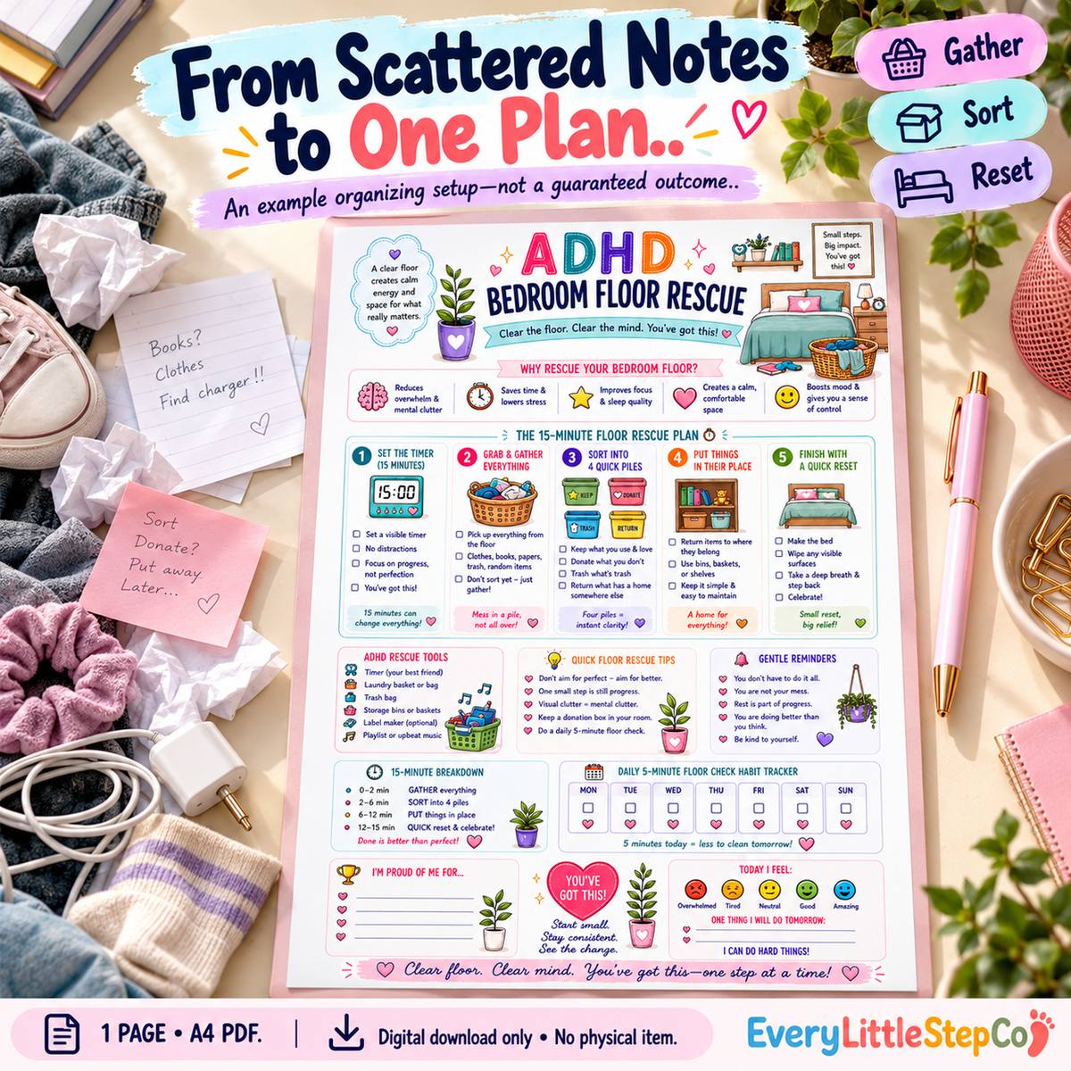 EveryLittleStepCo ADHD Bedroom Floor Rescue, one-page A4 printable; Before After Transformation Master. Digital download only; props excluded.