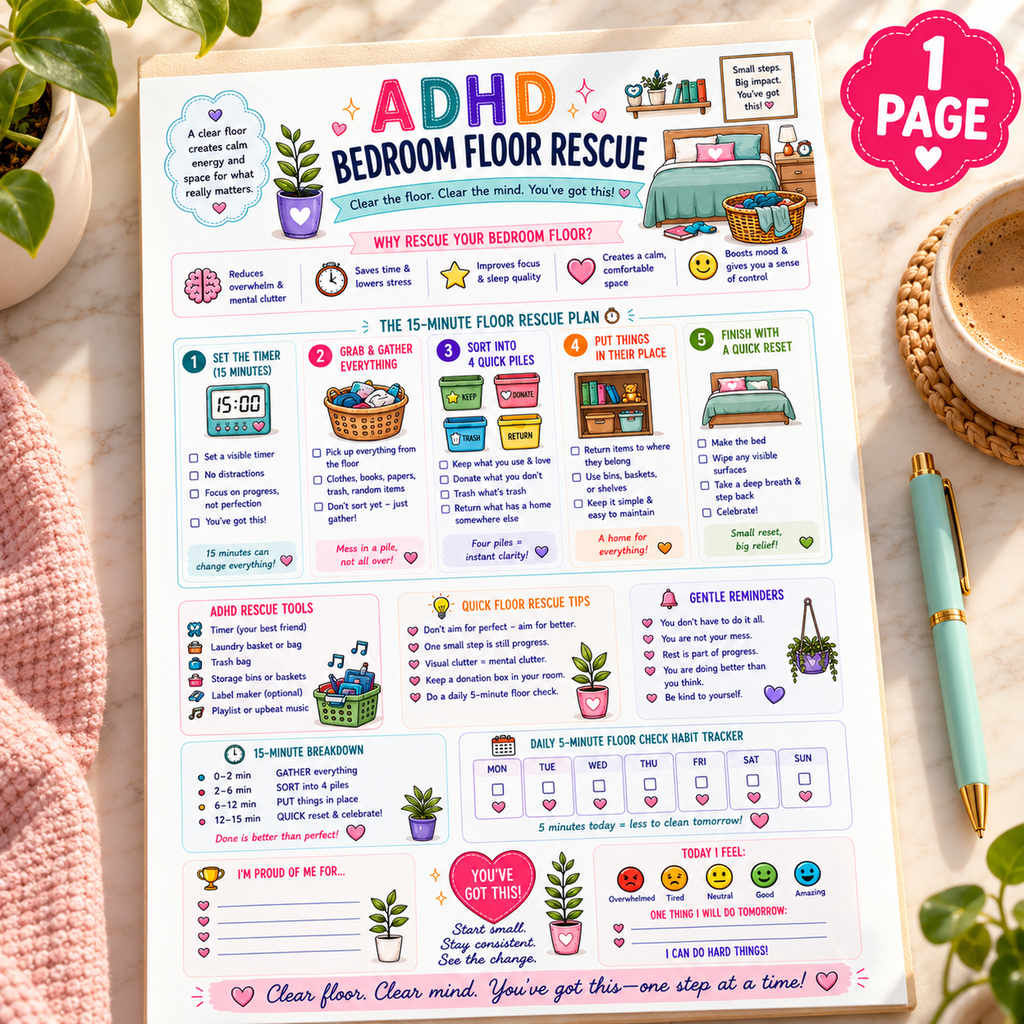 EveryLittleStepCo ADHD Bedroom Floor Rescue, one-page A4 printable; Separate Hero. Digital download only; props excluded.