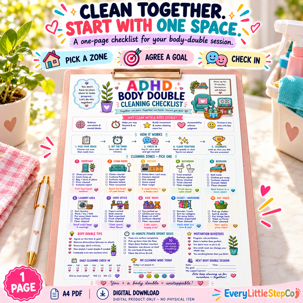 EveryLittleStepCo ADHD Body Double Cleaning Checklist, one A4 printable page – 01 – digital product, no physical item